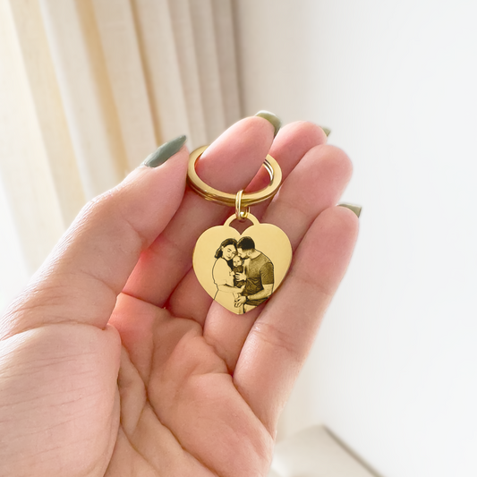 Chaveiro com Pingente de Coração com Foto Personalizada em Aço Inox Premium