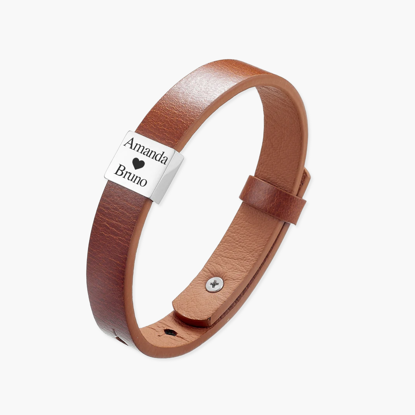 Pulseira Minimalista de Couro Personalizada com Placa em Aço Inox Premium