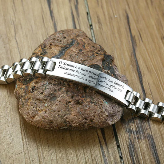 Pulseira de Aço Inox Ajustável Personalizada com Nome ou Frase em Aço Inox Premium