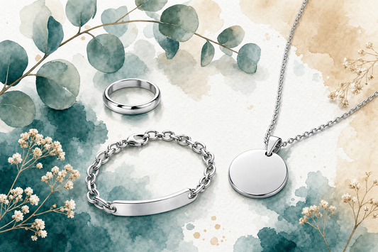 Joias personalizadas em aço inox cirúrgico 316L da Milie — anel, pulseira e colar prateados, ilustração em aquarela