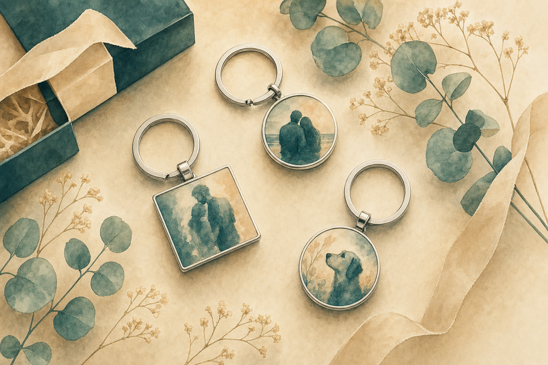 Chaveiros com foto do olhar personalizado em aço inox da Milie, com caixa de presente e eucalipto, ilustração em aquarela