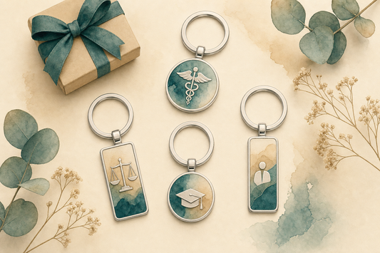 Chaveiros de profissões personalizados em aço inox da Milie, com símbolos de medicina, direito e formatura, ilustração em aquarela