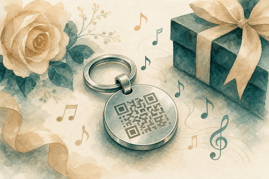 Chaveiro do Spotify personalizado em aço inox da Milie, com QR Code de música gravado e notas musicais, ilustração em aquarela