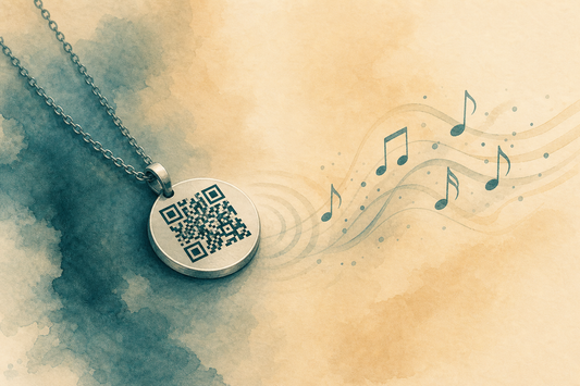 Colar com pingente QR Code de música em aço inox da Milie, com notas musicais saindo do pingente