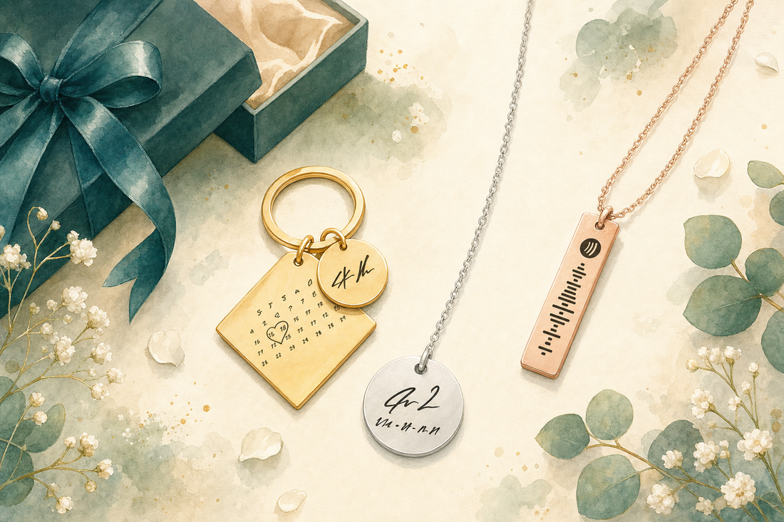 Presente de aniversário de namoro: chaveiro de calendário com a data, colar com letra inicial e data e colar com código de música em aço inox