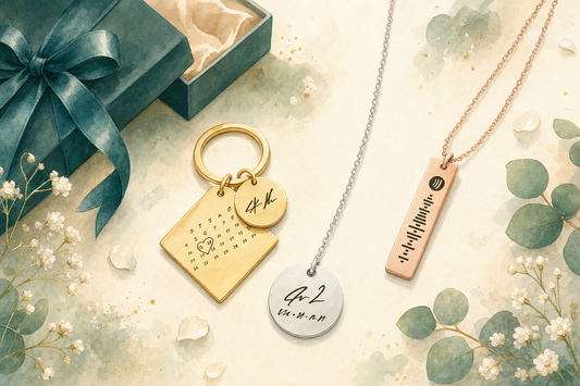 Presente de aniversário de namoro: chaveiro de calendário com a data, colar com letra inicial e data e colar com código de música em aço inox
