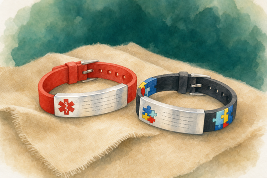 Duas pulseiras de identificação personalizadas em aquarela: uma com tira de silicone vermelha e o símbolo Estrela da Vida, outra preta com peças de quebra-cabeça do autismo
