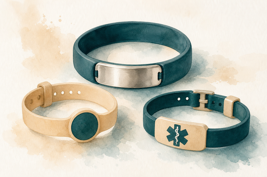 Pulseiras de silicone personalizadas em aço inox da Milie: modelo com display gravado, infantil de identificação e médica, ilustração em aquarela