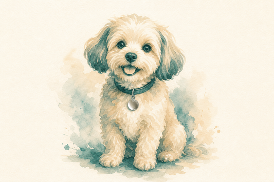 Cachorro usando coleira com tag de identificação redonda em aço inox da Milie, ilustração em aquarela