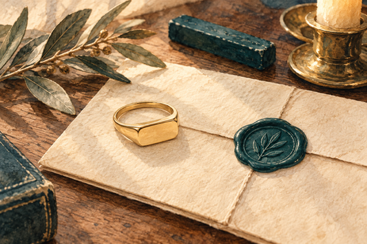 Ilustração em aquarela de um anel de sinete dourado com placa retangular lisa sobre uma carta antiga com lacre de cera verde-petróleo