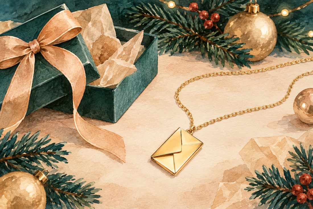 Ilustração em aquarela de um colar dourado com pingente de envelope fechado sobre a mesa, ao lado de uma caixa de presente de Natal e ramos de pinheiro