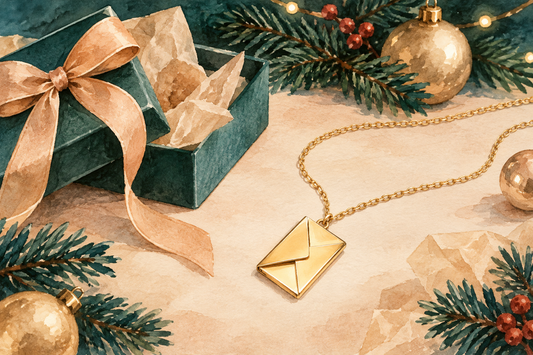 Ilustração em aquarela de um colar dourado com pingente de envelope fechado sobre a mesa, ao lado de uma caixa de presente de Natal e ramos de pinheiro