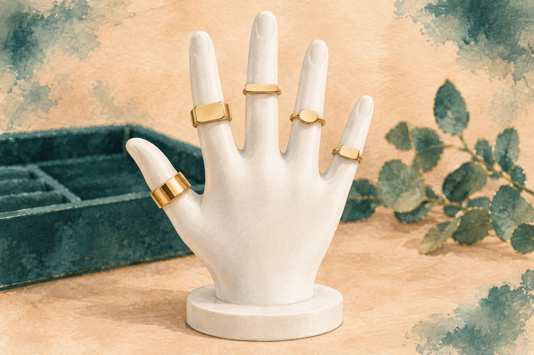 Ilustração em aquarela de uma mão expositora de porcelana branca com um anel dourado diferente em cada dedo, do polegar ao mindinho