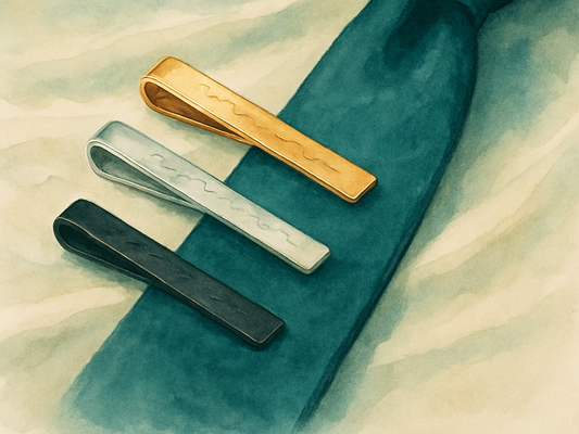 Ilustração em aquarela de três prendedores de gravata personalizados em barra, nos acabamentos dourado, prata e preto, sobre uma gravata verde-petróleo