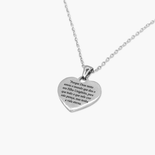 Colar Reluz Coração Versículos Personalizado em Aço Inox Escovado