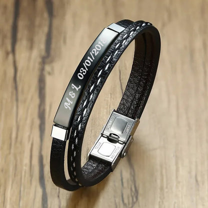 Pulseira Dupla de Couro com Placa Personalizada com Nome ou Frase em Aço Inox Premium