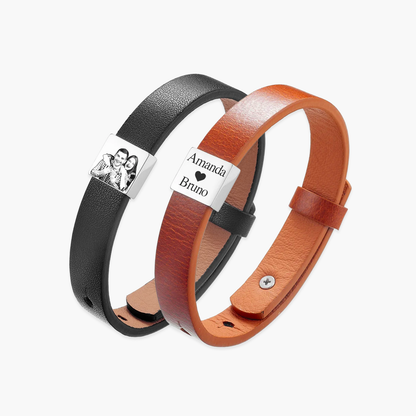 Pulseira Minimalista de Couro Personalizada com Placa em Aço Inox Premium