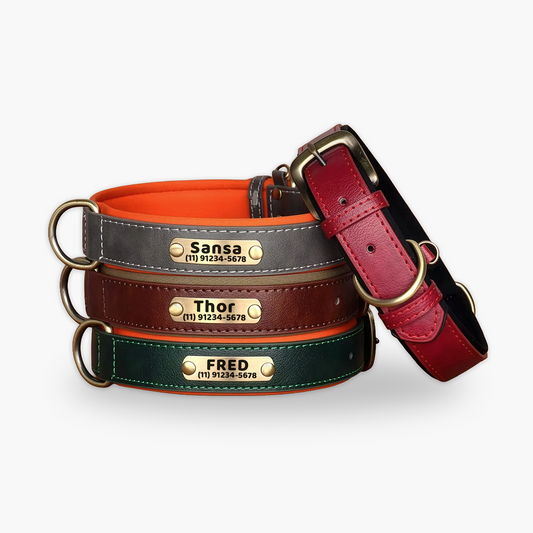 Coleira Pet de Couro com Tag Personalizada com Nome e Telefone para Cães e Gatos