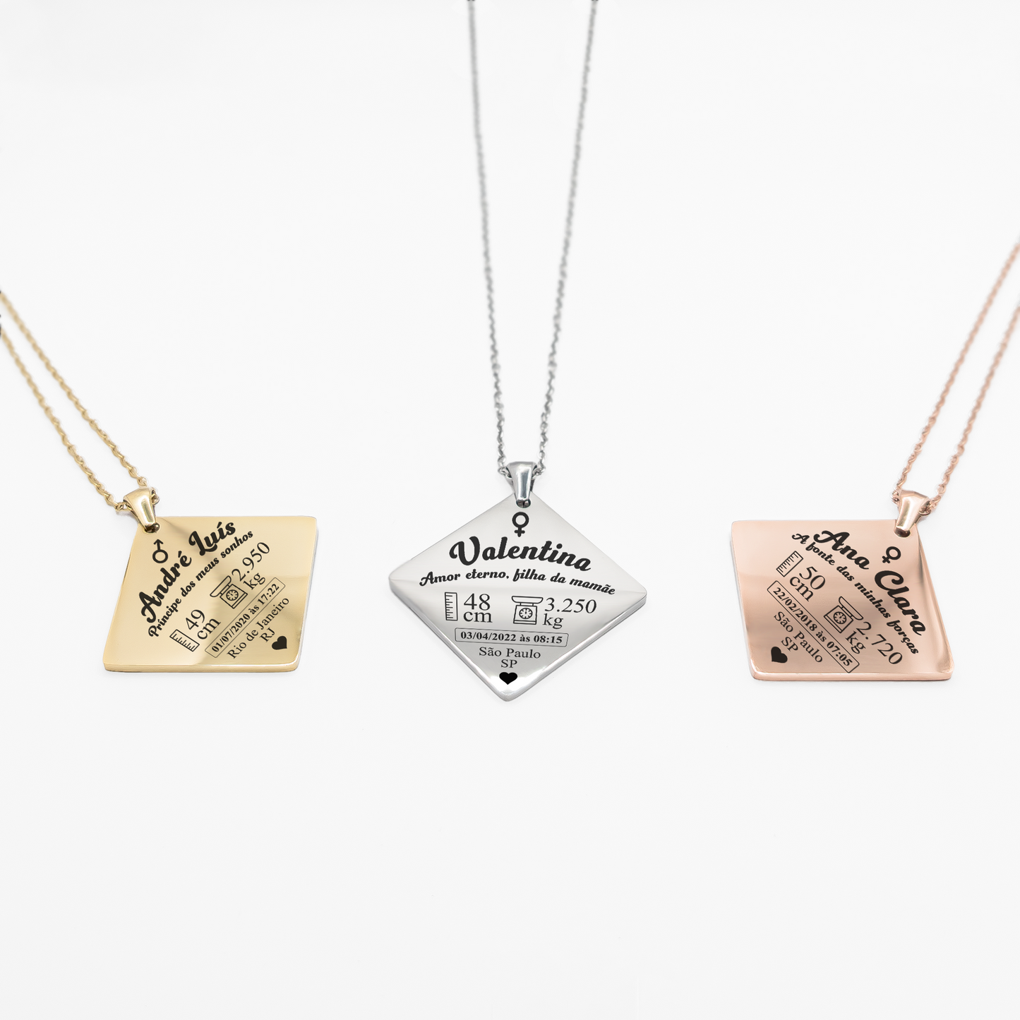 Colar com Pingente Quadrado Dados do Nascimento do Bebê Personalizado em Aço Inox Premium