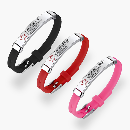 Pulseira Médica Infantil de Identificação Personalizada em Silicone e Inox Premium