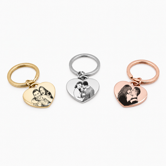 Chaveiro com Pingente de Coração com Foto Personalizada em Aço Inox Premium