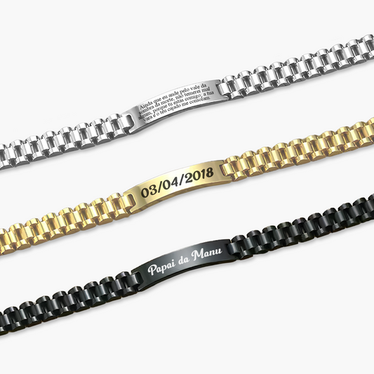 Pulseira de Aço Inox Ajustável Personalizada com Nome ou Frase em Aço Inox Premium