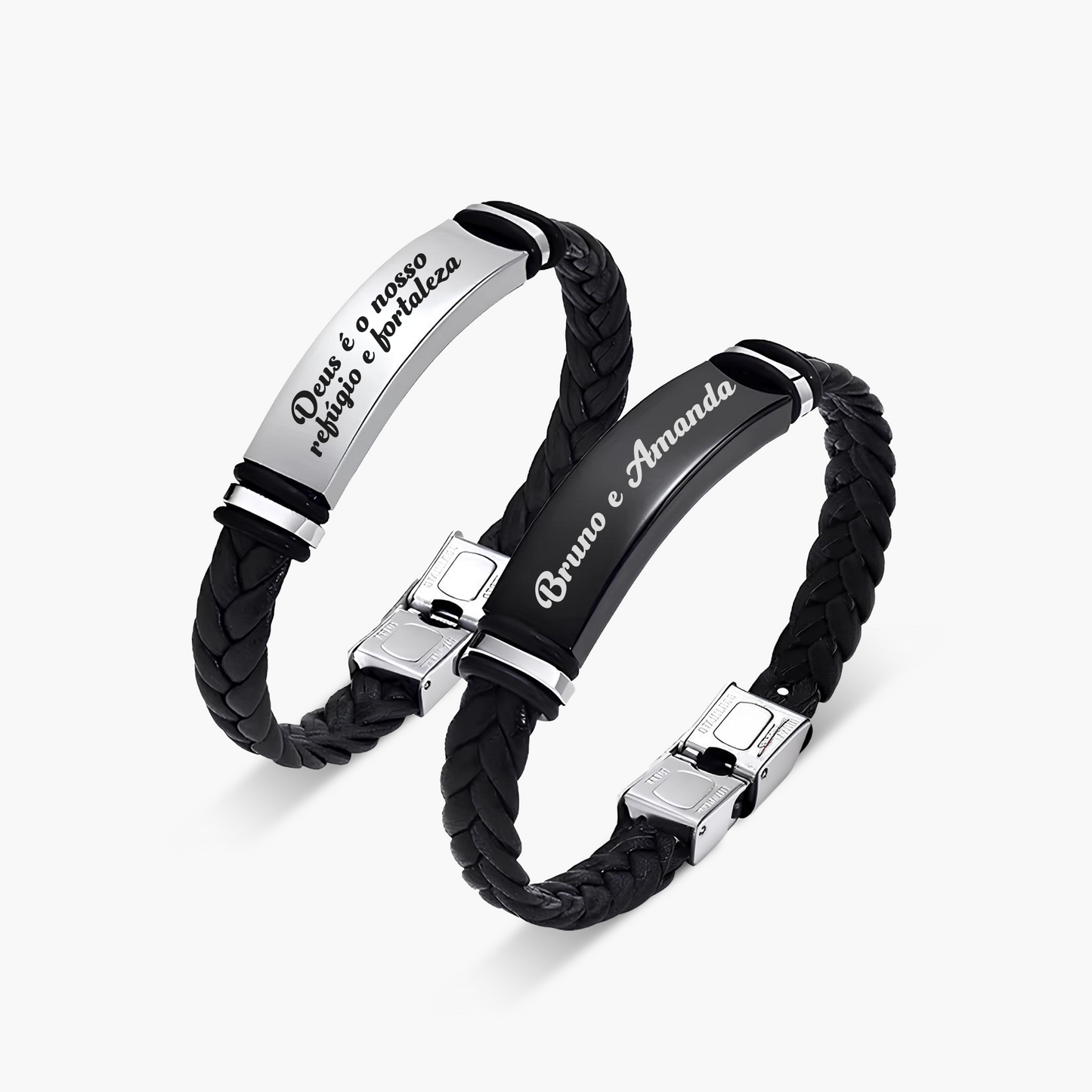 Pulseira de Couro Trançado Personalizada com Nome ou Frase em Aço Inox Premium