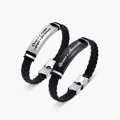 Pulseira de Couro Trançado Personalizada com Nome ou Frase em Aço Inox Premium