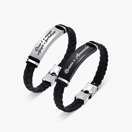 Pulseira de Couro Trançado Personalizada com Nome ou Frase em Aço Inox Premium