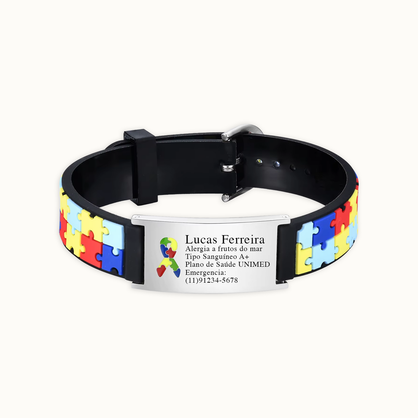 Pulseira Autismo Personalizada com Tag de Identificação em Silicone e Inox Premium