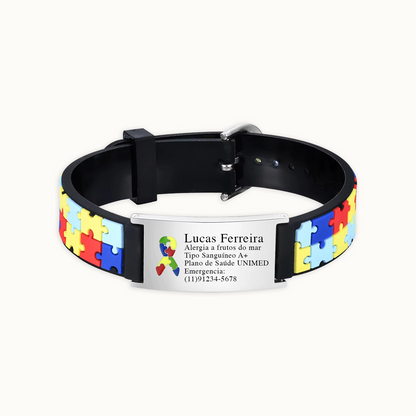 Pulseira Autismo Personalizada com Tag de Identificação em Silicone e Inox Premium