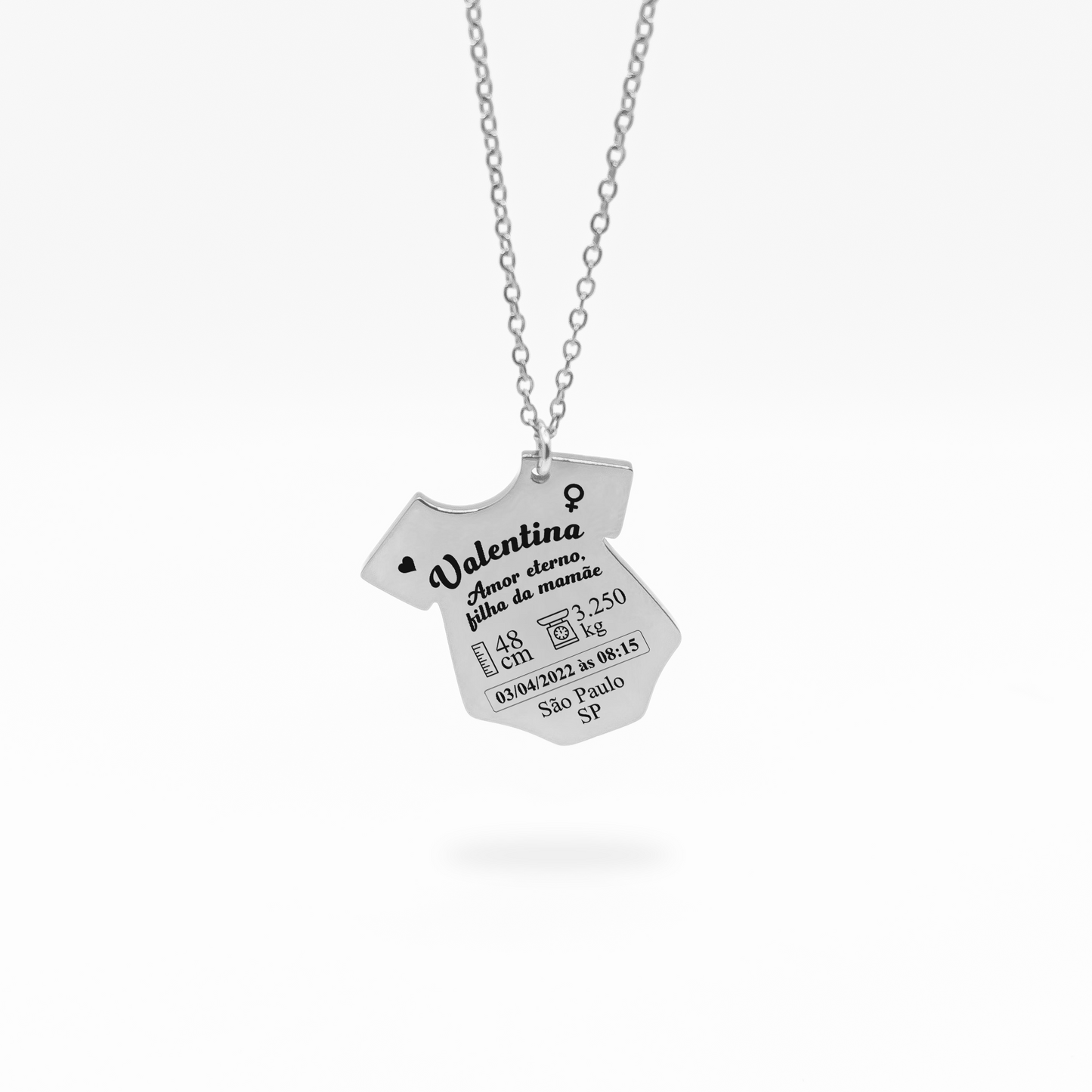 Colar com Pingente de Roupinha Dados do Nascimento do Bebê Personalizado em Aço Inox Premium