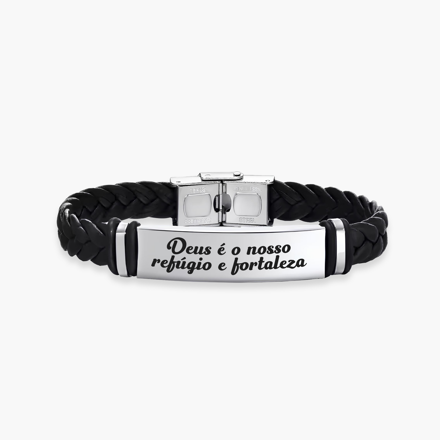 Pulseira de Couro Trançado Personalizada com Nome ou Frase em Aço Inox Premium