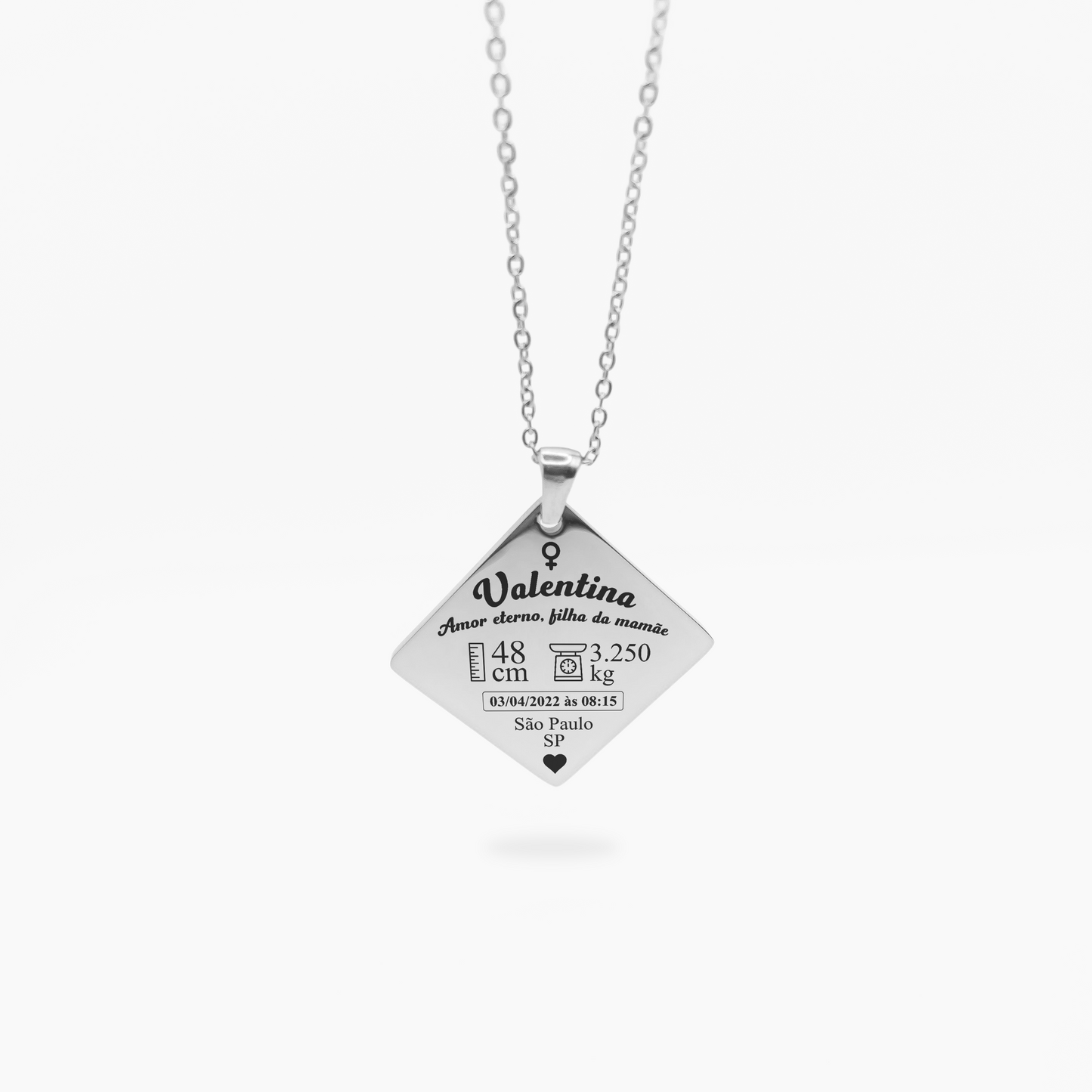 Colar com Pingente Quadrado Dados do Nascimento do Bebê Personalizado em Aço Inox Premium