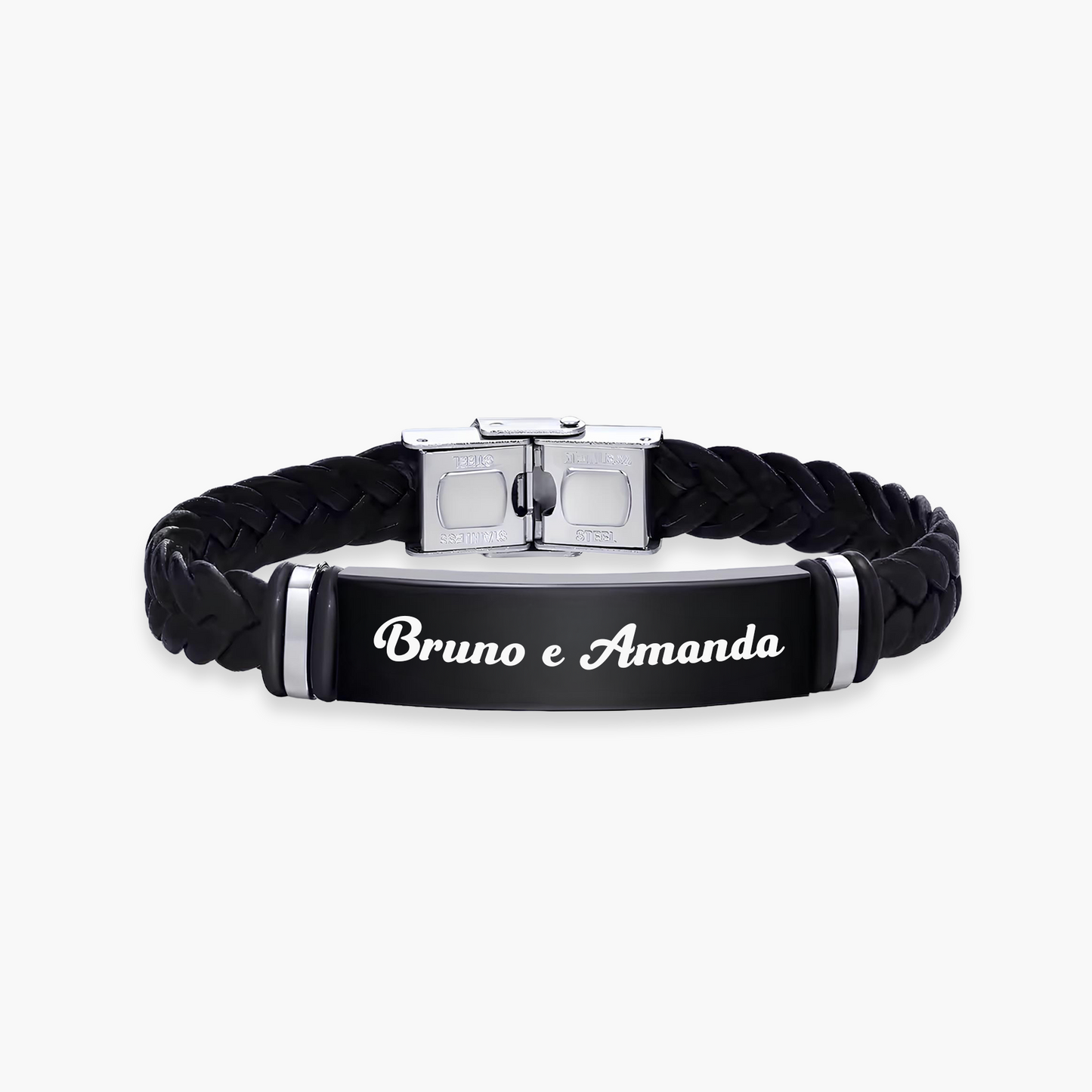 Pulseira de Couro Trançado Personalizada com Nome ou Frase em Aço Inox Premium