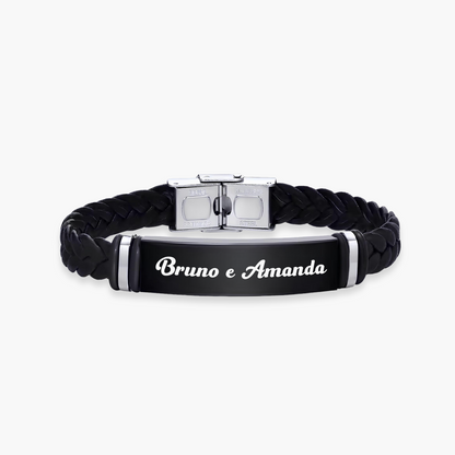 Pulseira de Couro Trançado Personalizada com Nome ou Frase em Aço Inox Premium