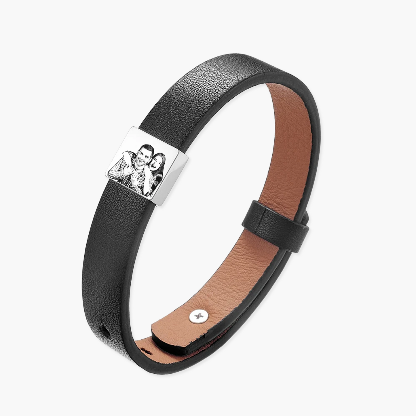 Pulseira Minimalista de Couro Personalizada com Placa em Aço Inox Premium