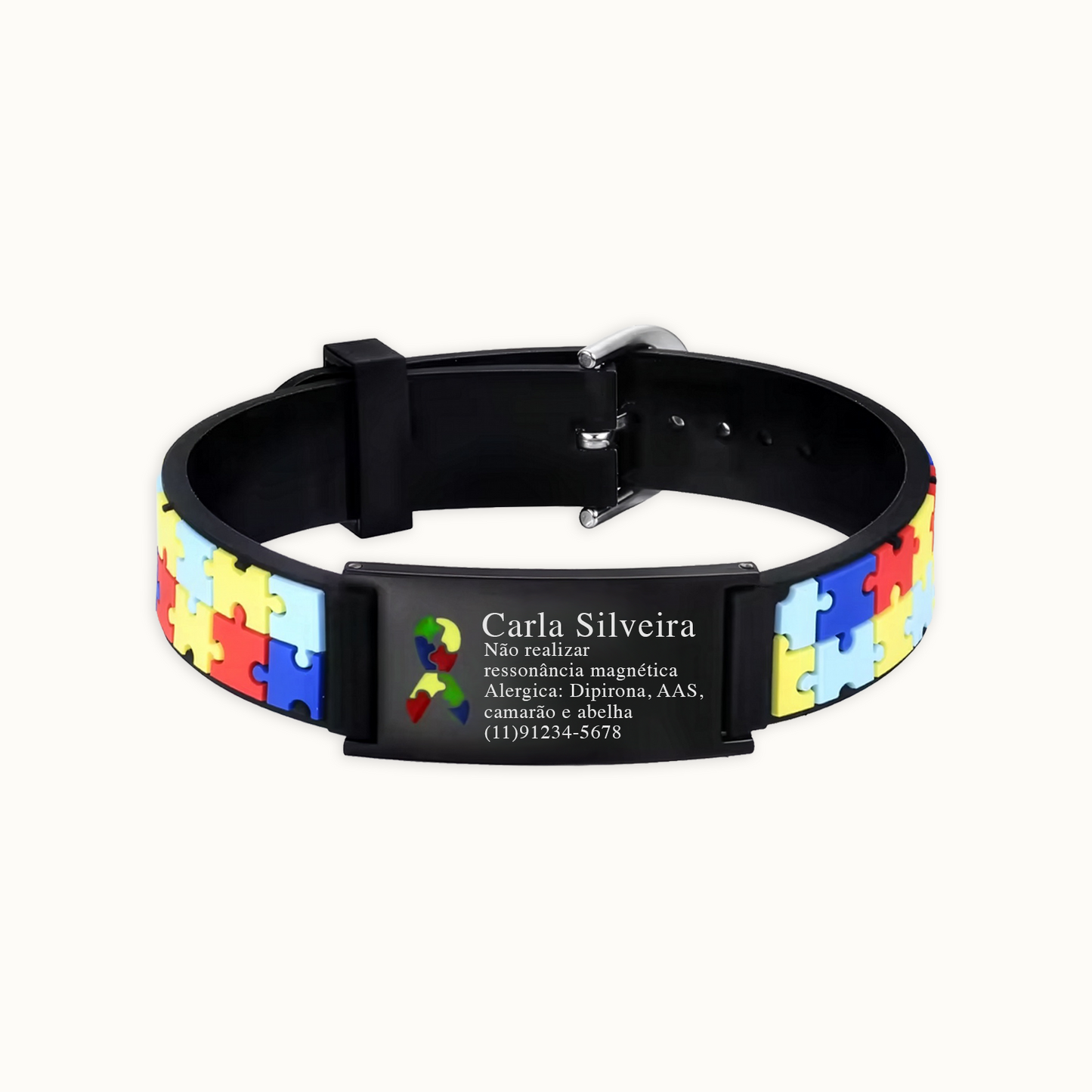 Pulseira Autismo Personalizada com Tag de Identificação em Silicone e Inox Premium