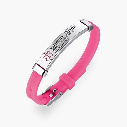 Pulseira Médica Infantil de Identificação Personalizada em Silicone e Inox Premium