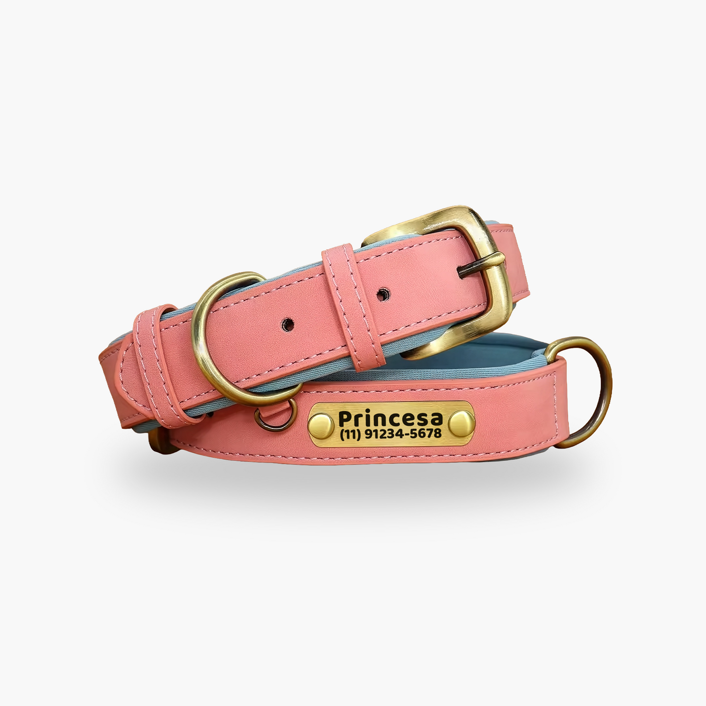 Coleira Pet de Couro com Tag Personalizada com Nome e Telefone para Cães e Gatos