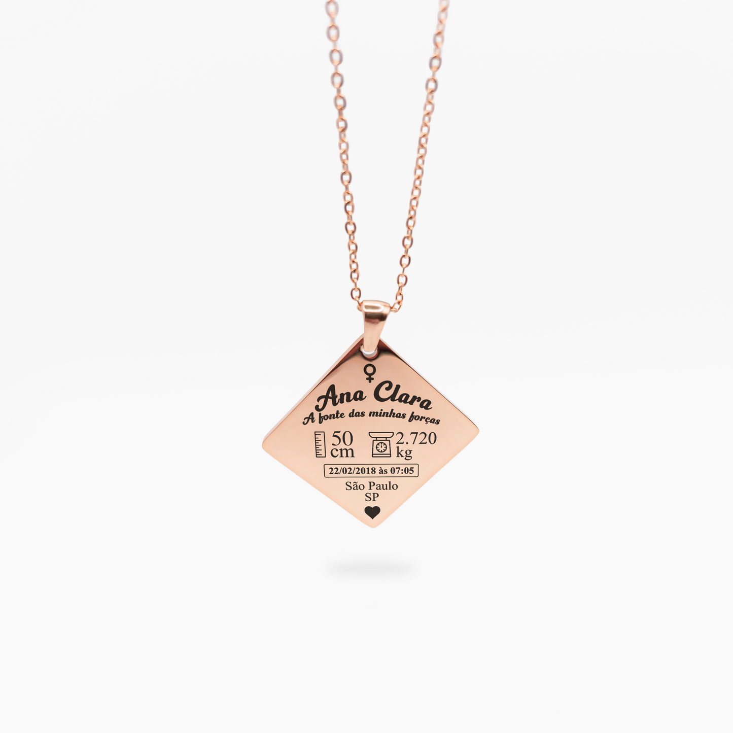Colar com Pingente Quadrado Dados do Nascimento do Bebê Personalizado em Aço Inox Premium
