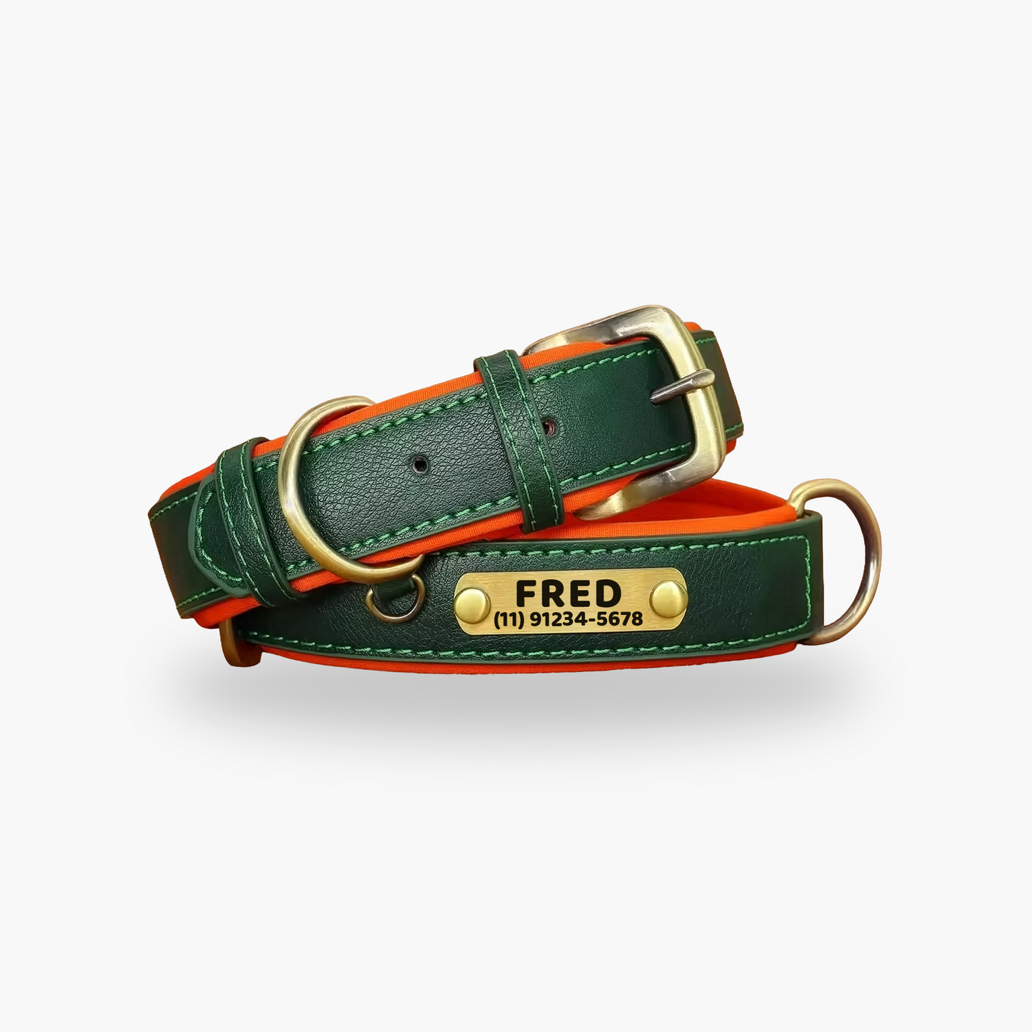 Coleira Pet de Couro com Tag Personalizada com Nome e Telefone para Cães e Gatos