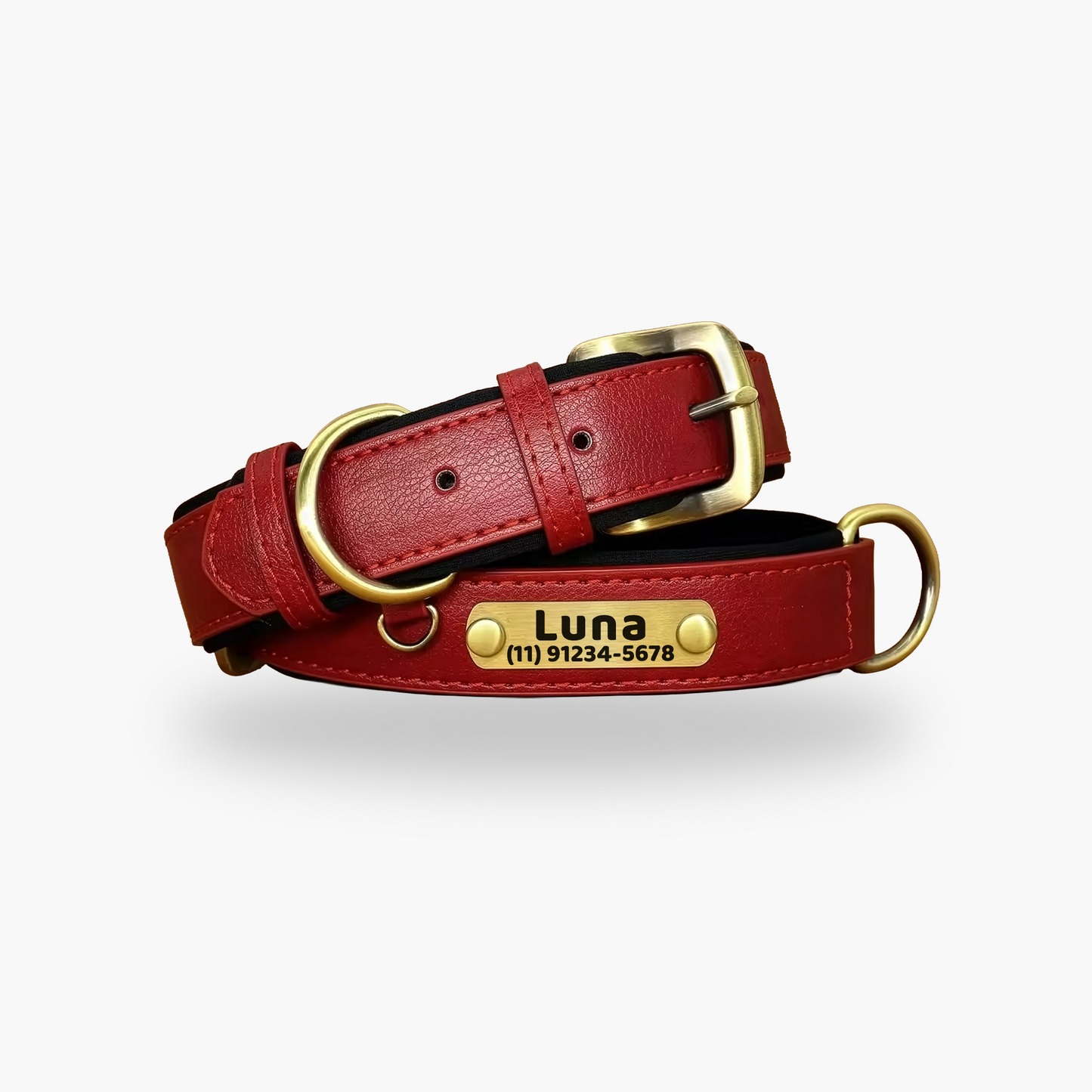 Coleira Pet de Couro com Tag Personalizada com Nome e Telefone para Cães e Gatos