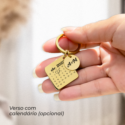 Chaveiro com Pingente Quadrado com Foto + Pingente Personalizado em Aço Inox Premium